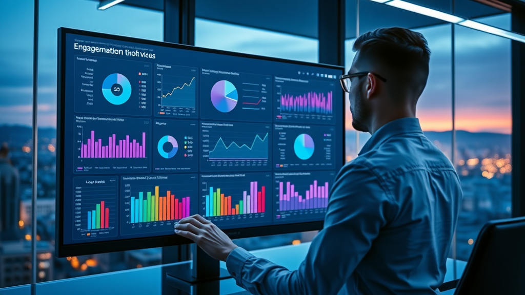 sleek dashboard interface for video marketing analytics showing engagement and ROI metrics
