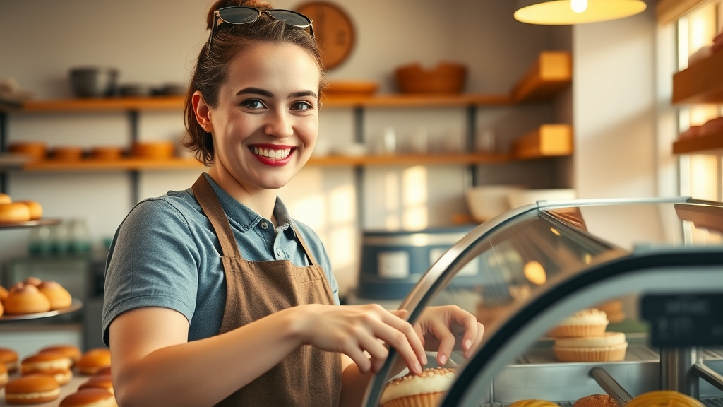 friendly bakery owner arranging pastries, successful small business blog example