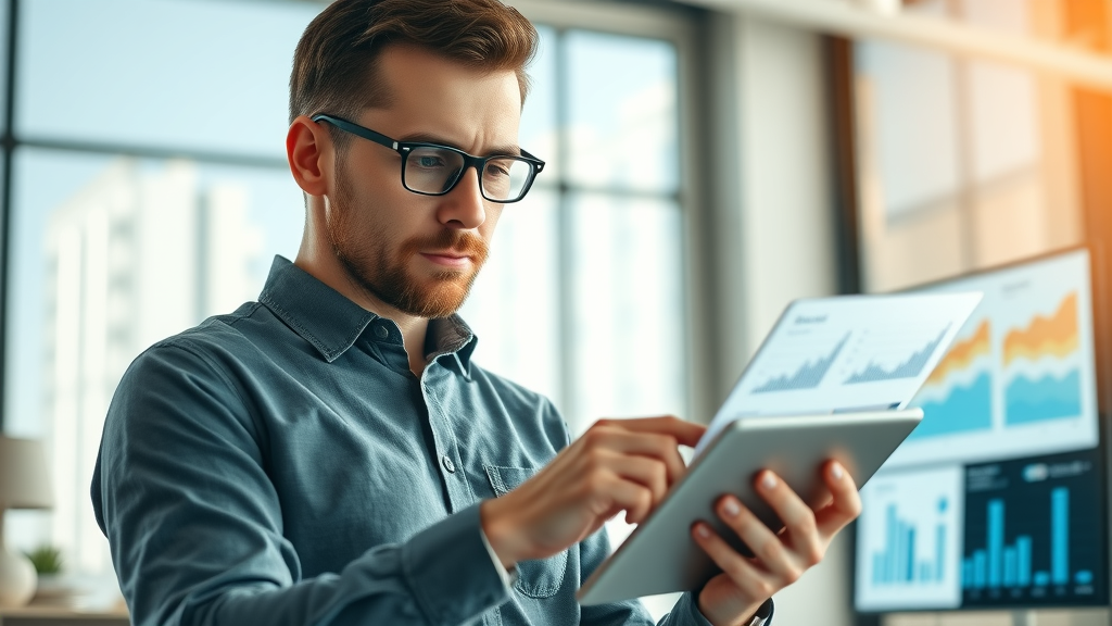 digital marketer analyzing SEO for small business growth online, reviewing analytics on a tablet with data insights