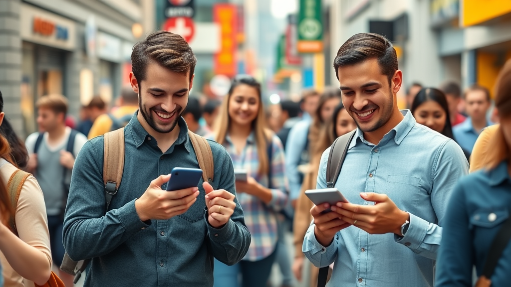 long island social media engagement infographic with local consumers interacting with business posts on smartphones, bustling downtown, vibrant colors