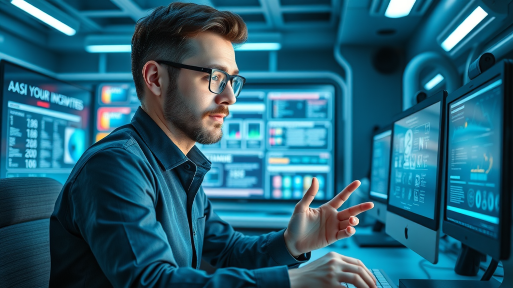 Small business owner leveraging AI content creation tools in a futuristic workspace