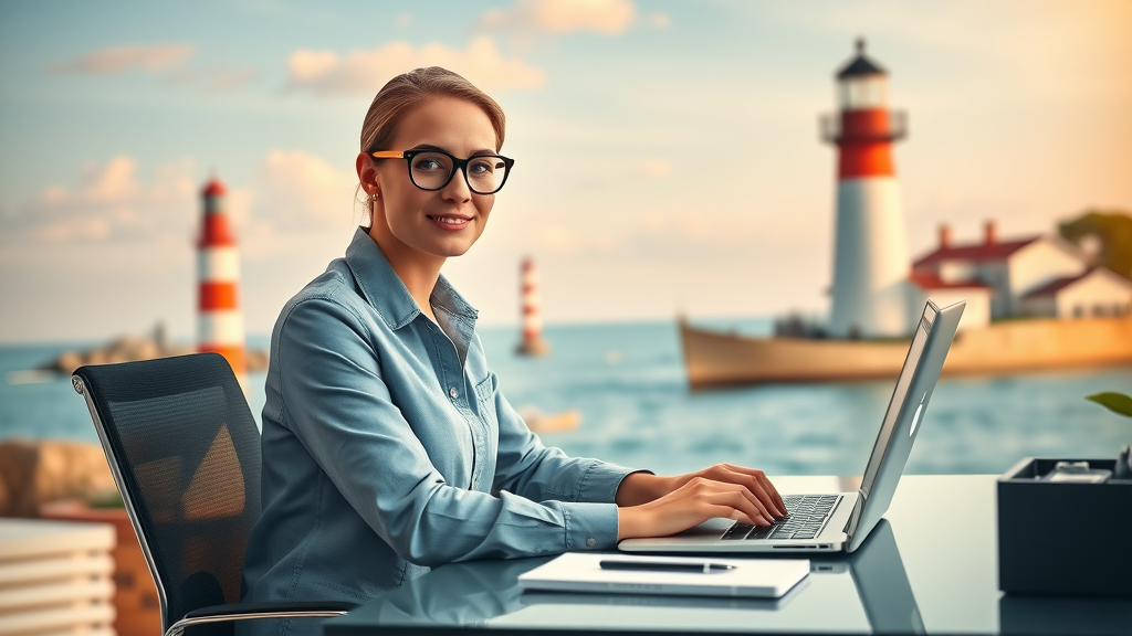 Social media and blogging Long Island: Professional blogger optimizing website with SEO tools, Long Island icons in the backdrop, website ranking visualization