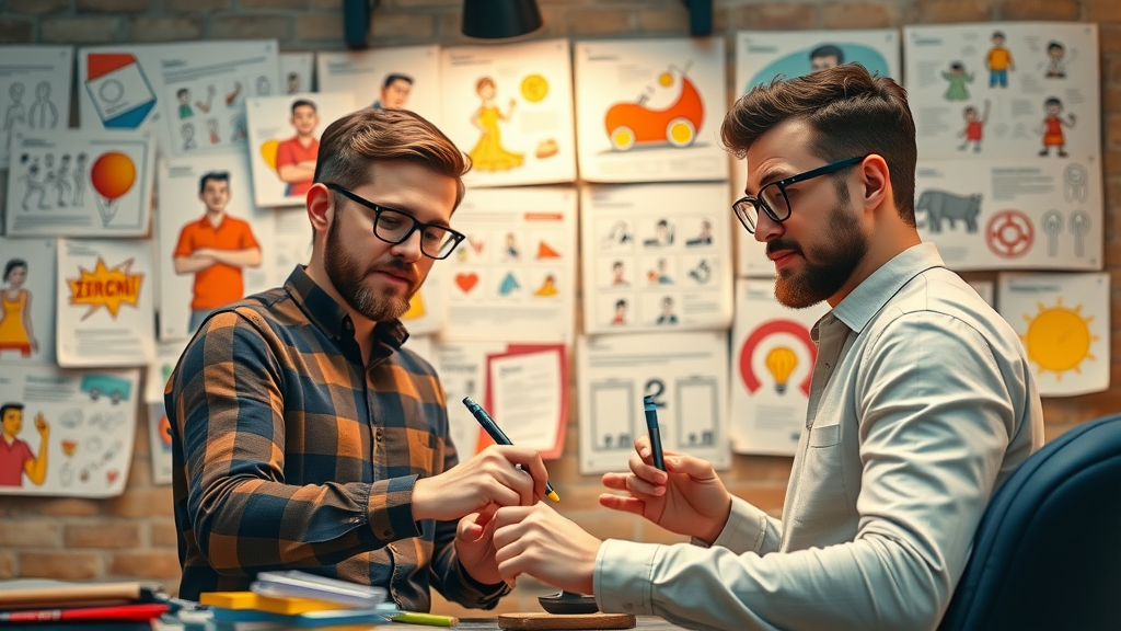 vivid brand story sequence, content creators crafting storyboards, social media marketing, animated elements showing story arcs, dynamic sketches, bold brand design