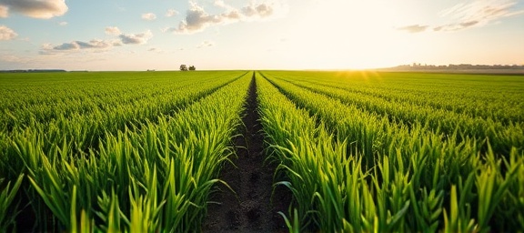 innovative agency growth, optimistic, planting seeds in a field, photorealistic, green field extending to the horizon, highly detailed, gentle breeze and scattered clouds, focus stacking technique, lush greens, dawn light, shot with a 28mm lens