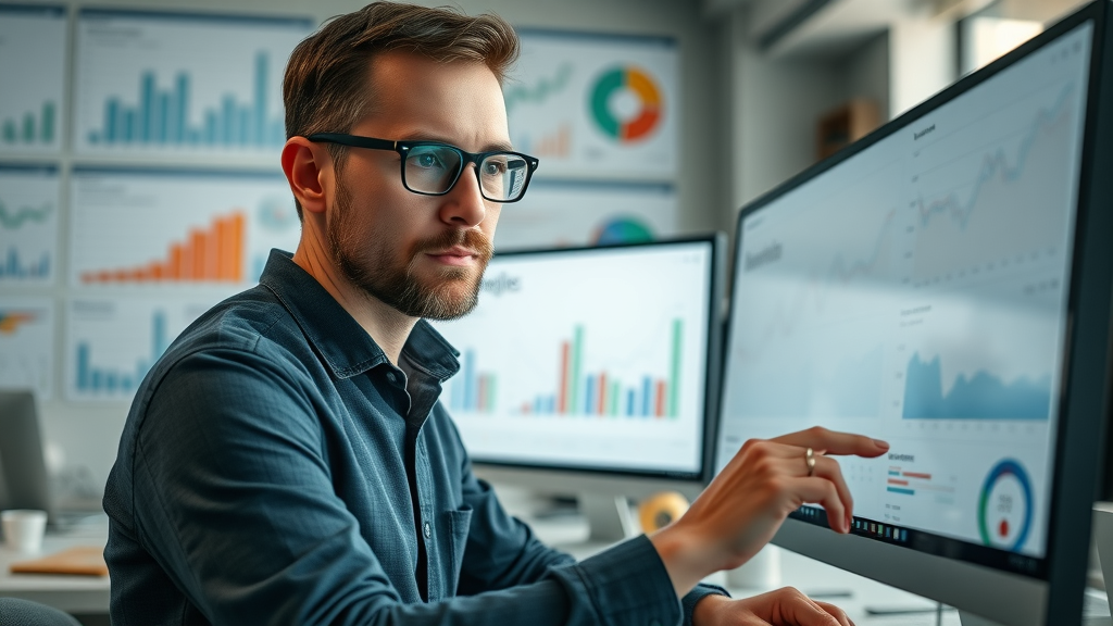 blogger analyzing Google Analytics on monitor, blog growth data, blog optimization