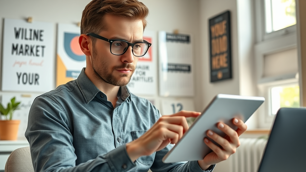 determined small business owner creating a digital marketing calendar, arranging social posts for business growth, business strategy