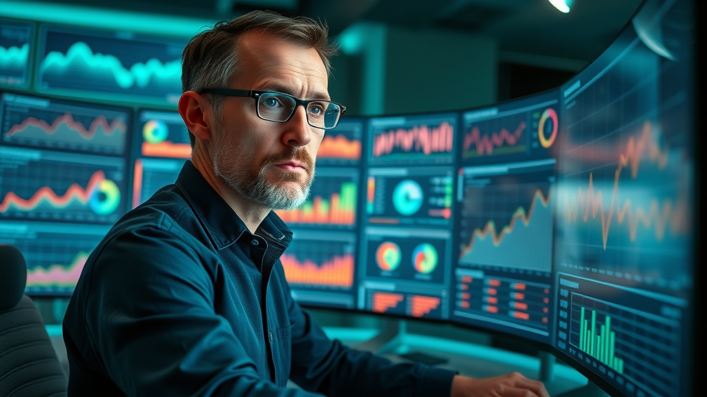 Analyst reviewing video performance and marketing analytics metrics on an advanced monitor