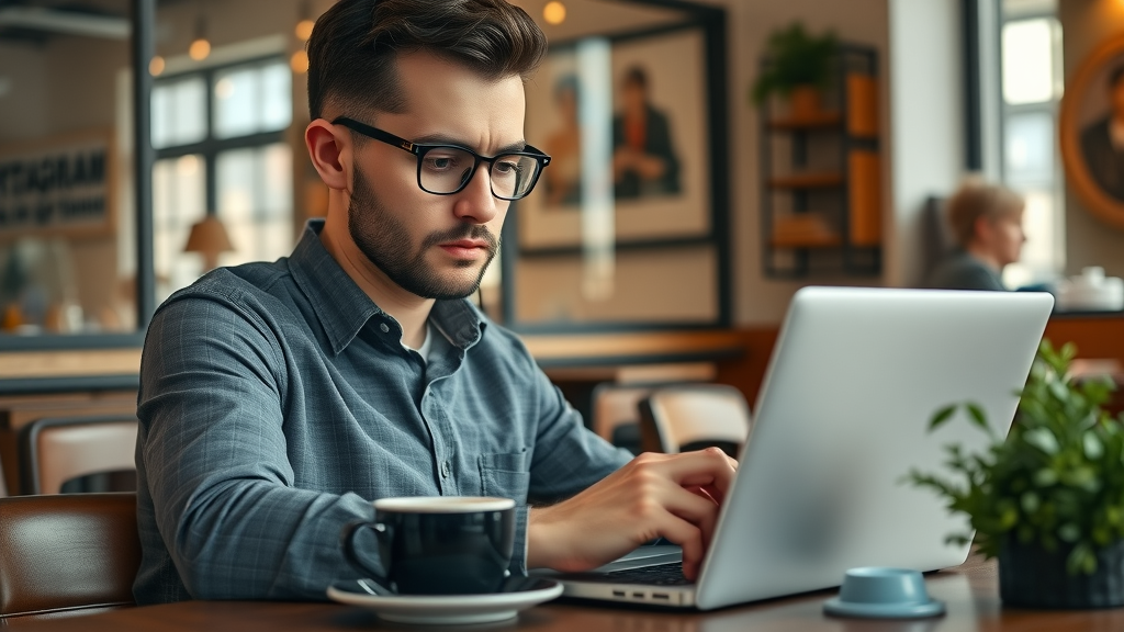 Long Island small business owner using Instagram scheduling tool and engaging on laptop in café