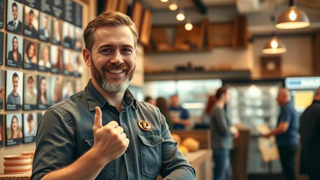 bakery owner showing testimonial wall, happy customer reviews, small business blog ideas