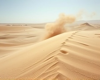 curious agency experience, intrigued, exploring a new terrain, photorealistic, vast desert with sand dunes, highly detailed, blowing sand and distant dust devil, macro photography, soft pastels, bright midday sunlight, shot with an 85mm lens