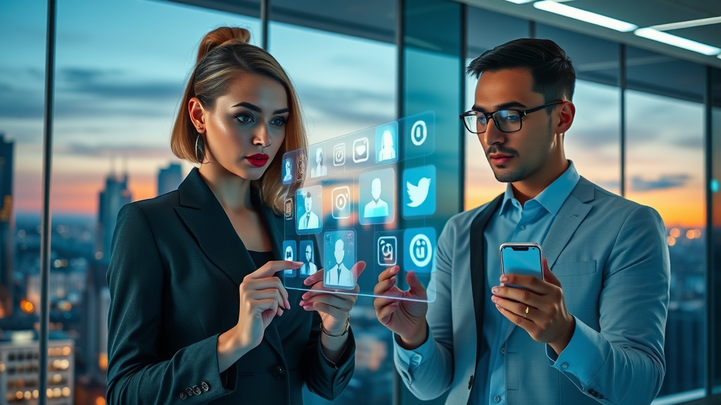futuristic team interacting with holographic social media platform icons in a sleek office