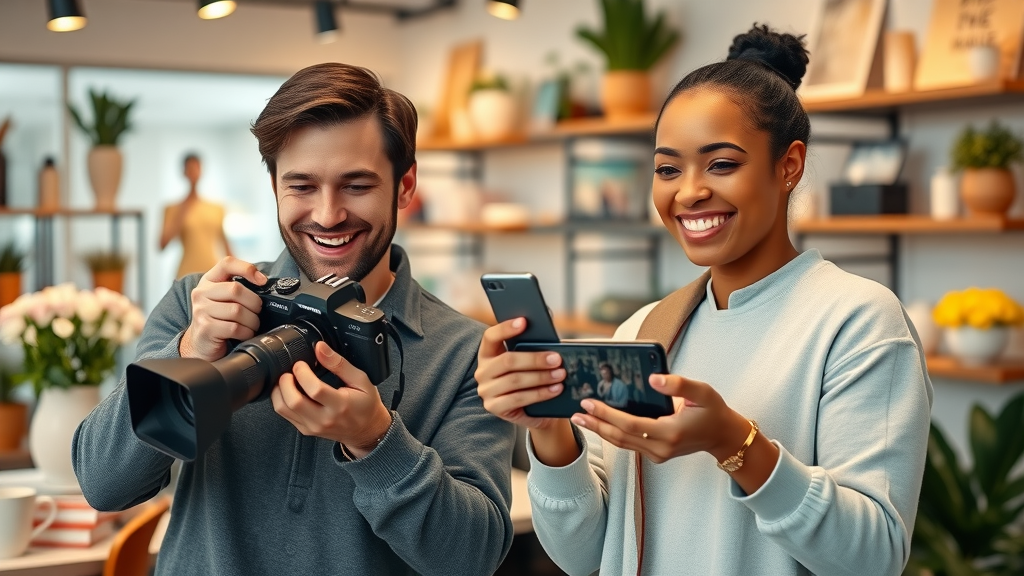 long island business owners creating engaging branded content with cameras and smartphones in a studio or store setting