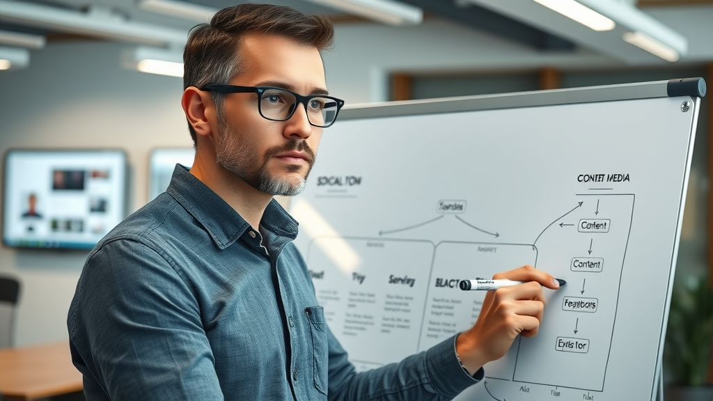 insightful marketing professional, drawing up a blueprint on a whiteboard, social media marketing strategy, social media dashboards, content flow arrows, photorealistic, contemporary office