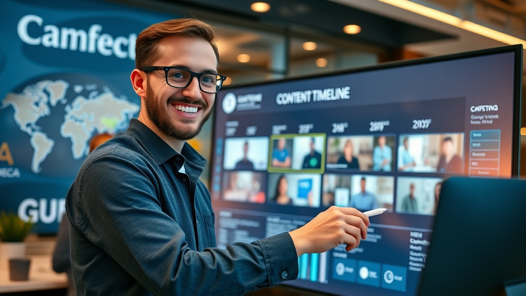 Content marketer planning a multi-channel campaign with video content on an interactive screen