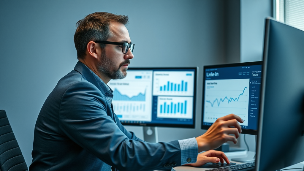 engaged professional reviewing LinkedIn ad and lead gen campaign results for small business