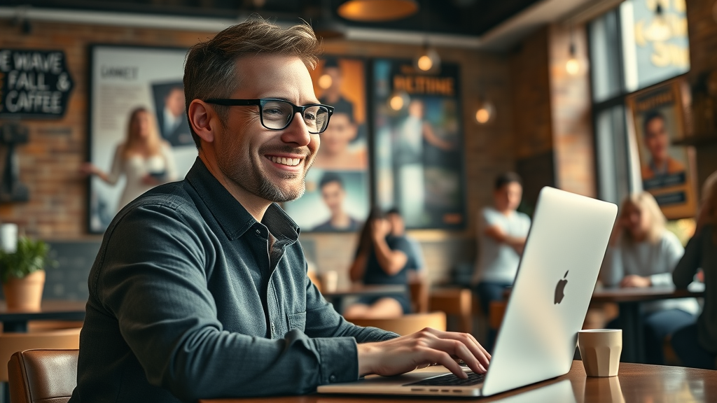 motivated small business owner working on digital marketing for small businesses in a coffee shop