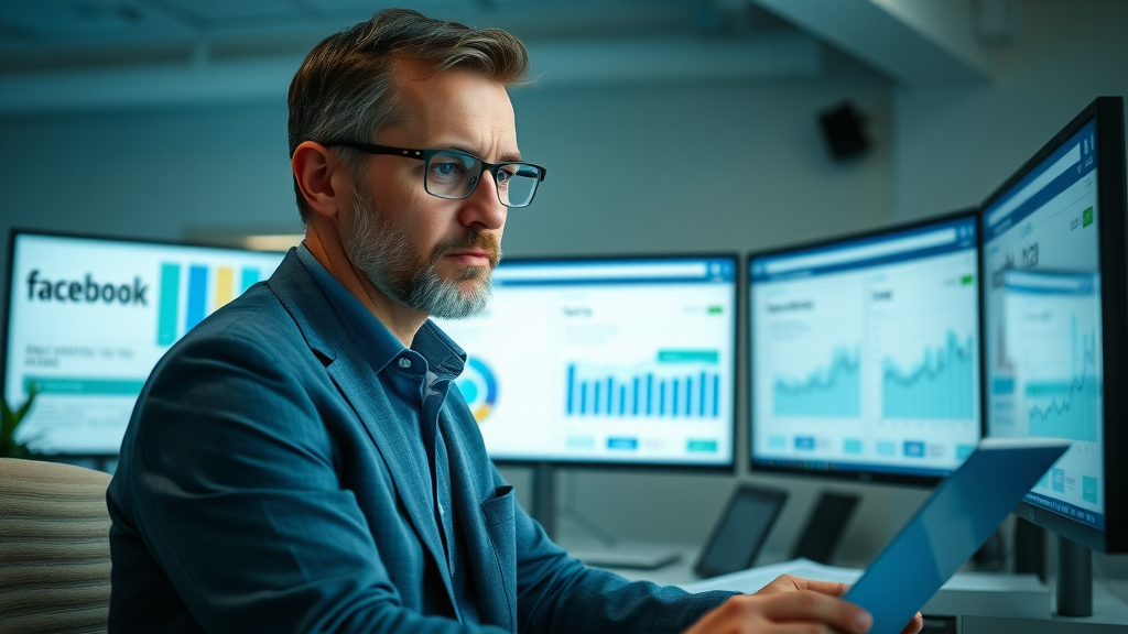 Financial planner reviewing Facebook ad budget charts and performance graphs for small businesses