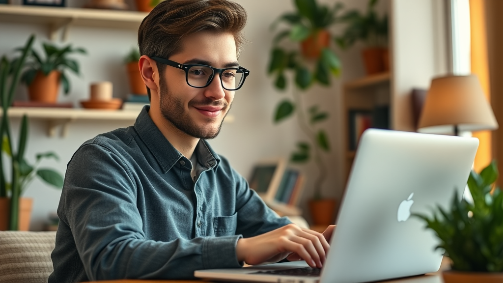 Optimistic small business owner researching SEO tips for small business blogs