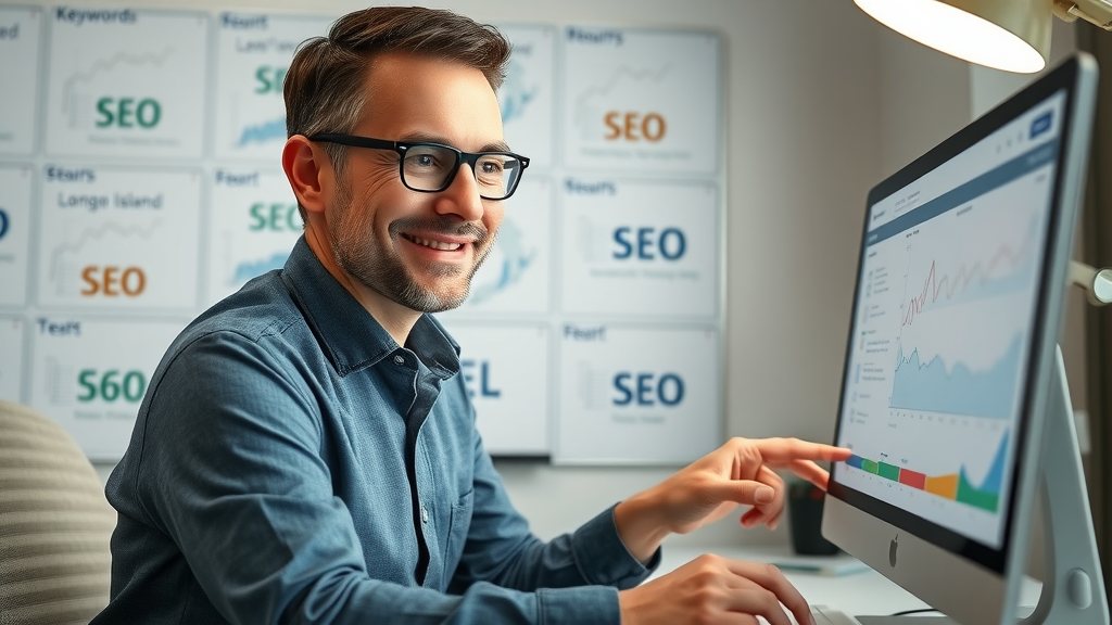 search engine optimization for Long Island SMBs: marketing strategist reviewing SEO charts, Long Island maps and keywords on whiteboard