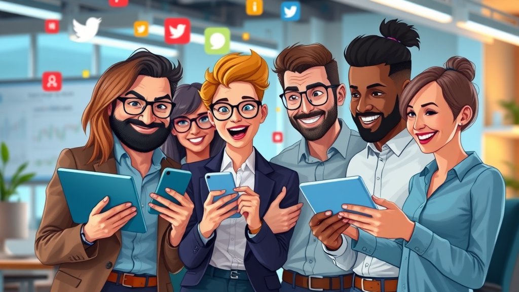diverse marketers reviewing social media analytics with tablets and smartphones social media marketing