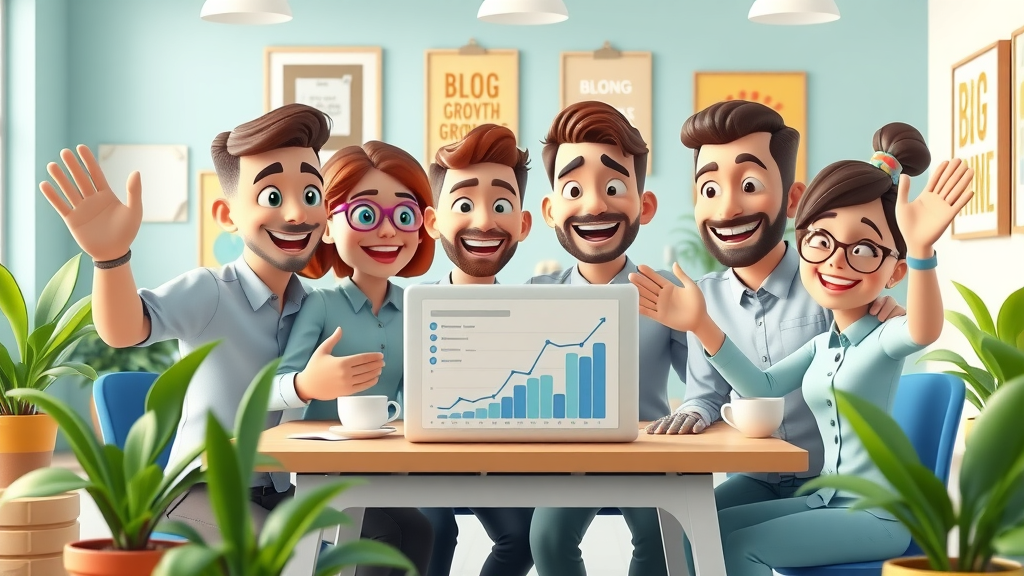 small business team celebrating blog growth, analytics and content strategy