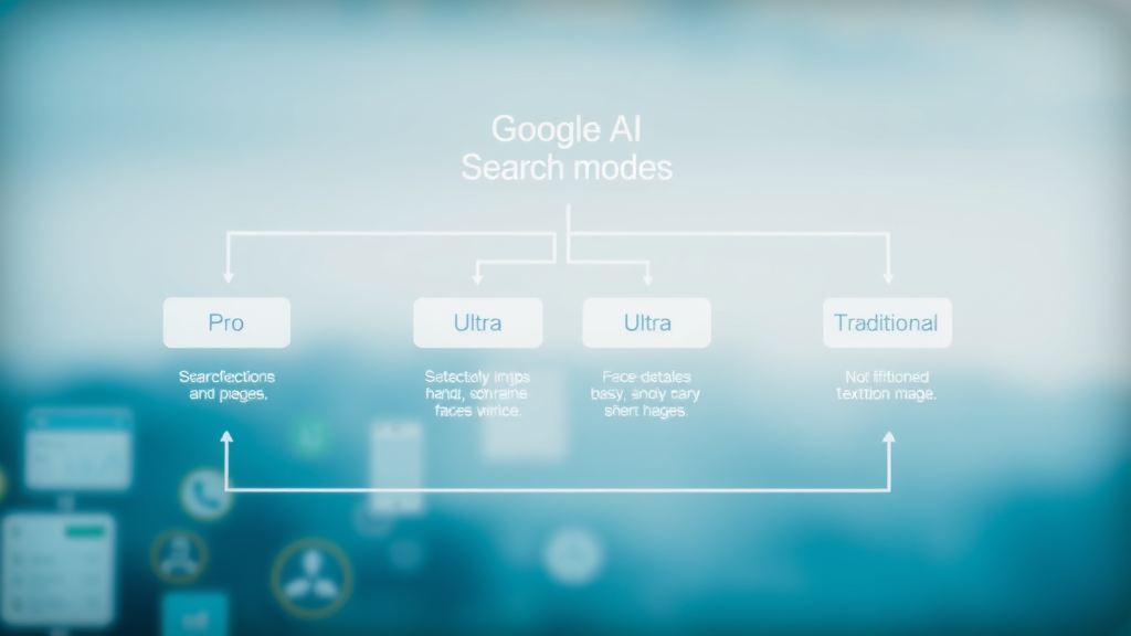 schematic diagram of Google AI Pro, AI Ultra, Standard Mode, and Traditional Search showing different user interfaces and flowcharts with technology motifs