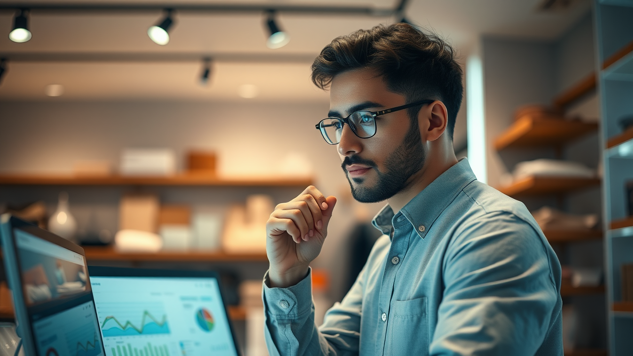 Digital Marketing Strategies For Local Businesses focused small business owner, thoughtful expression, reviewing analytics dashboard, modern store, statistic graphs, digital displays