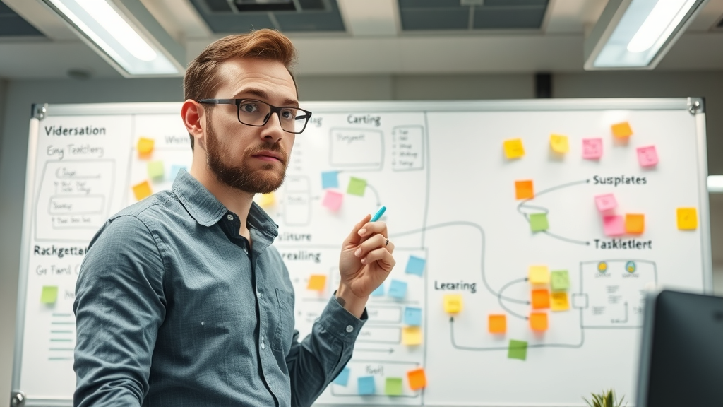 Focused marketing manager mapping out a social media video strategy on a whiteboard, symbolizing strategy development and planning.