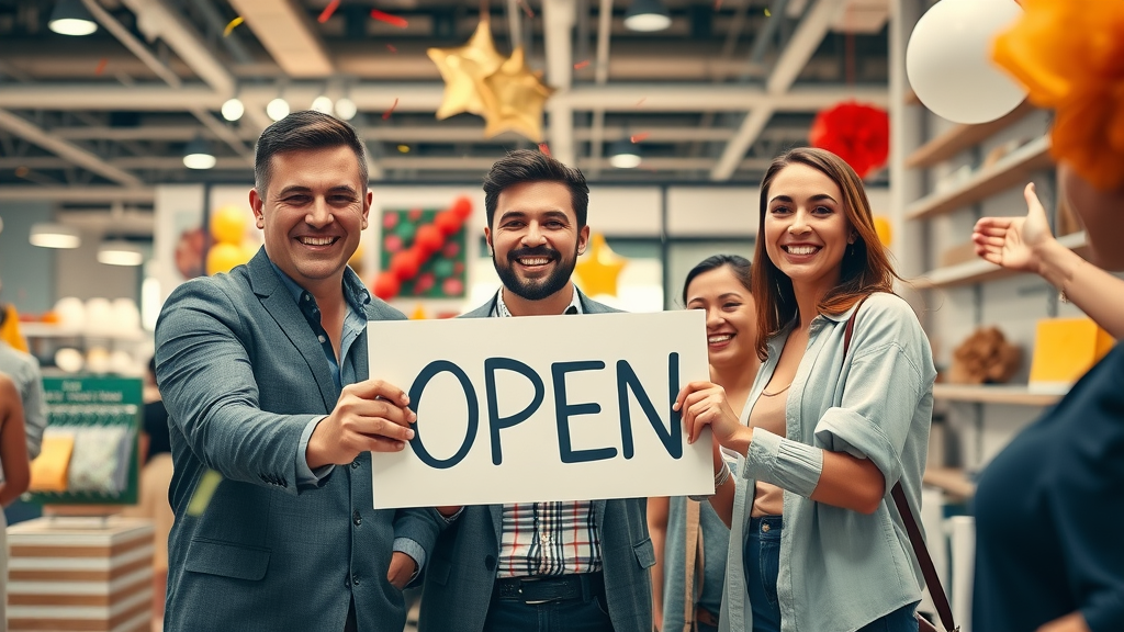 Celebrating small business team success with local SEO for small businesses holding open sign