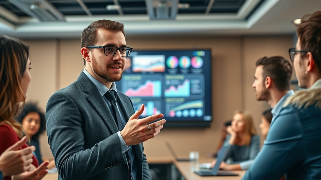 Professional marketer presenting video marketing strategy to audience with digital presentation on screen