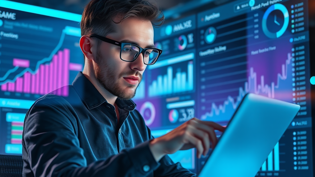 analytical blogger examining analytics dashboard to track traffic from content blog creation