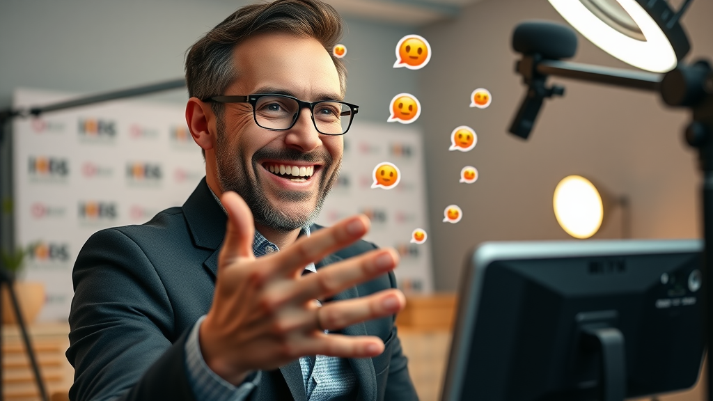 charismatic business influencer hosting live video session, engaging audience with streaming media content, social media video marketing
