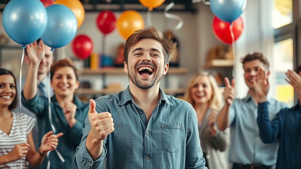 Small business owner celebrates content marketing milestone with employees