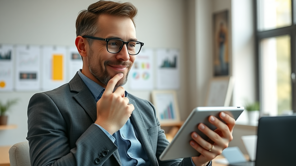Business owner engaged with digital tablet viewing marketing videos in a tech-savvy office