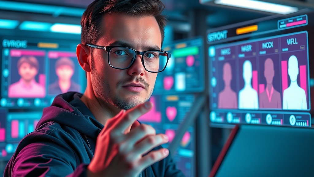 Marketing analyst segmenting customer groups with digital tools, holographic data, analytical expression, futuristic workspace, neon accents.