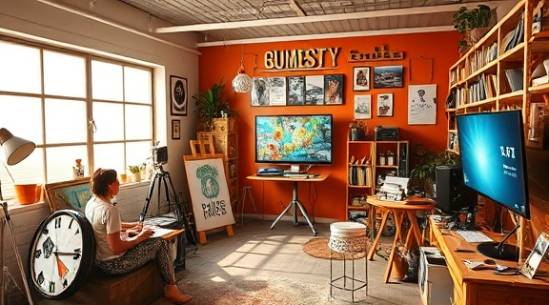 creative socialmedia content, engaging, curating, photorealistic, a vibrant studio with art supplies and screens, highly detailed, bursts of creative energy, shot with a standard zoom lens, warm earth tones, bright lighting