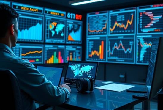 comprehensive socialmedia analytics, insightful, analyzing, photorealistic, a high-tech control room with graphs and charts, highly detailed, real-time data tracking, shot with a 50mm lens, balanced colors, high-key lighting