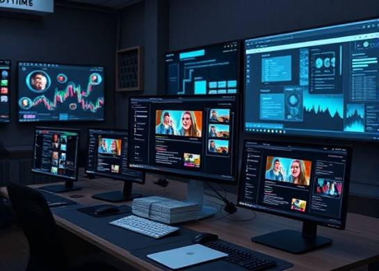 efficient socialmedia tools, innovative, optimizing, photorealistic, a tech workspace with multiple devices, highly detailed, interactive interface displays, shot with an ultra-wide lens, neutral colors, ambient glow