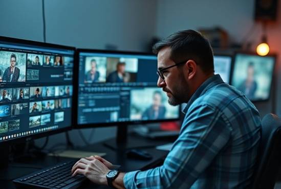 meticulous video editing, concentrated expression, seamlessly cutting, photorealistic, cluttered workstation with multiple screens, highly detailed, layers on software timeline, crisp visual, cool color palette, focused LED lighting, shot with an 85mm lens.