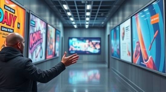innovative video advertising, persuasive expression, dynamically presenting, photorealistic, sleek advertising agency with vibrant posters, highly detailed, concepts and ideas on walls, high-resolution image, rich saturation, professional studio lighting, shot with a 70mm lens.