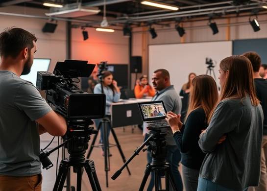 collaborative video production, enthusiastic expression, creatively directing, photorealistic, busy studio with crew and equipment, highly detailed, actors rehearsing, high-definition quality, vibrant hues, diffused soft lighting, shot with a 50mm lens.