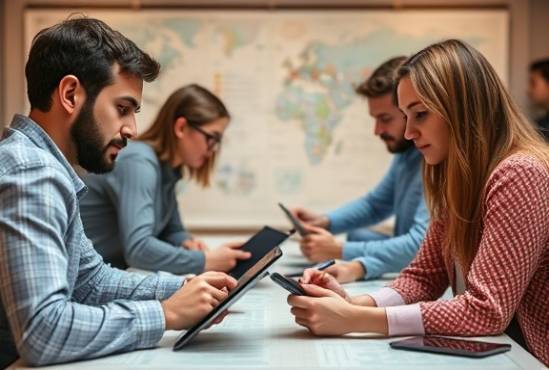 detailed content plan, confident execution, mapping strategy, photorealistic, digital workspace with tablets and digital pads, highly detailed, team in synchronization, high resolution, pastel colors, ambient soft lighting, shot with a wide-angle lens.