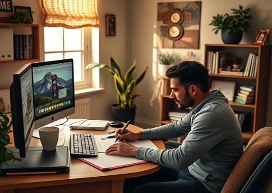 creative content creation, focused dedication, crafting message, photorealistic, cozy studio with computers and note pads, highly detailed, intense creativity, 8K quality, warm earth tones, diffused morning light, shot with a 50mm prime lens.