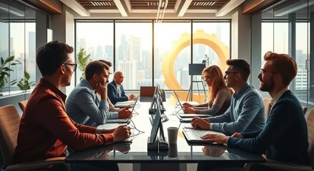 cutting-edge agency solutions, focused dedication, brainstorming, photorealistic, sleek conference room filled with futuristic tech, highly detailed, bustling team activity, ultra high resolution, warm earth tones, natural sunlight from large windows, shot with an 85mm portrait lens.