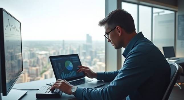 strategic funnel strategy, contemplative insight, analyzing data, photorealistic, high-rise office overlooking a cityscape, highly detailed, graphs and statistics on screens, finely crafted details, muted blues and greys, direct sunlight streaming in, shot with a 70-200mm telephoto lens.
