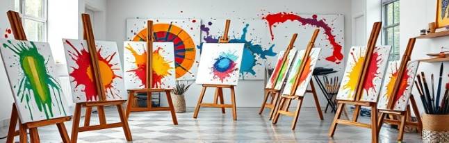 artistic agency graphics, expressive creativity, designing visuals, photorealistic, vibrant art studio with easels and canvases, highly detailed, colorful paint splatters and brushes, crisp resolution, vivid color palette, soft diffused lighting, shot with a 35mm standard lens.