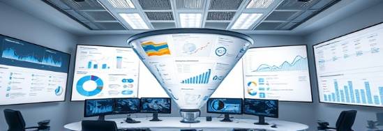 analytical funnel strategy, strategic planning, assessing outcomes, photorealistic, analytical suite with multiple screens and displays, highly detailed, dynamic flowcharts and maps, pin-sharp detail, cool greys and whites, overhead fluorescent lighting, shot with a 200mm prime lens.