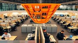 synchronized agency funnel, harmonious teamwork, executing plans, photorealistic, bustling agency floor with diverse backgrounds, highly detailed, buzzing activity and focused work, finely tuned precision, earth tones with bright accents, ambient desk lighting, shot with a 28mm wide-angle lens.