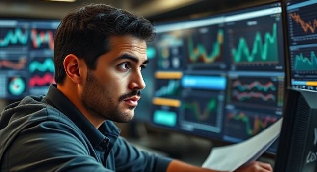 innovative optimization strategy, determined expression, devising plans, photorealistic, tech-savvy workspace with digital interfaces, highly detailed, fluctuating analytics on screens, vivid sharpness, muted earth tones, diffused natural lighting, shot with a 100mm lens.