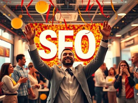 achieving SEO success, triumphant, celebrating milestone achievement, photorealistic, bustling startup environment with congratulatory decor, highly detailed, animated confetti and cheers, ISO 100, F/1.4, vibrant reds and yellows, bright and warm lighting, shot with a Fujifilm XF 35mm f/1.4 R lens.